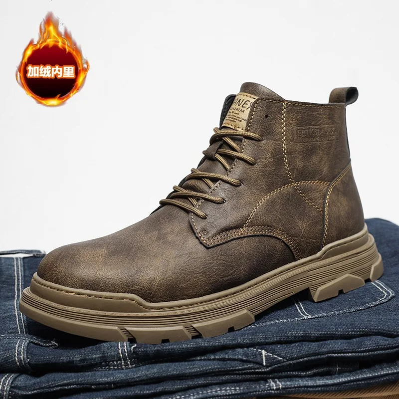 

Men's Winter Plush Snow Boots Outdoor Leather Ankle Boots High Top Casual Shoes Comfortable Motorcycle Boots