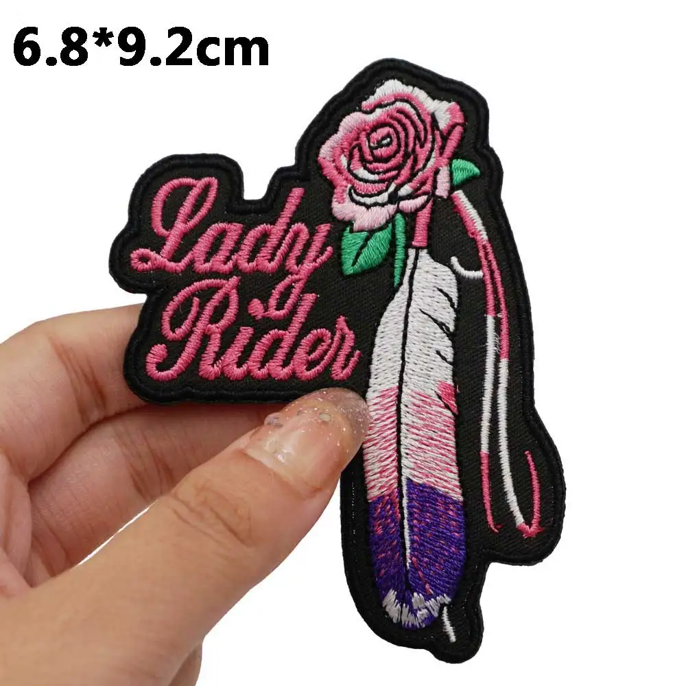 LADY RIDER Badge Embroidered Applique Sewing Label punk biker Patches with hook backing