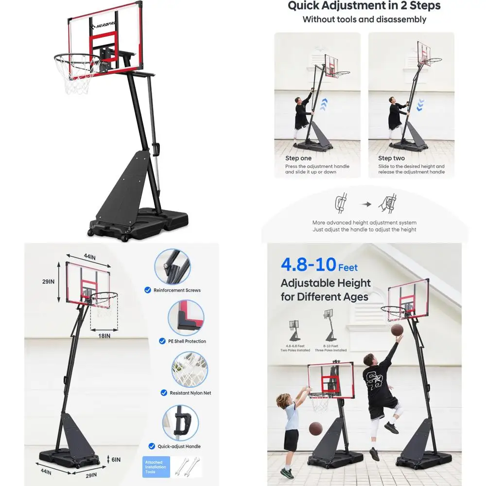 Adjustable Outdoor Basketball Hoop 4.8-10 Feet, 44 Shatterproof Backboard, Portable Basketball System with Rebound Plate