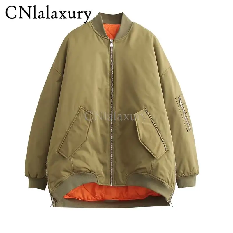 CNlalaxury 2023 Women Autumn Winter New Jacket Simplicity Loose Solid Color Pocket Zipper Cardigan Female Chic Outwear Tops Coat