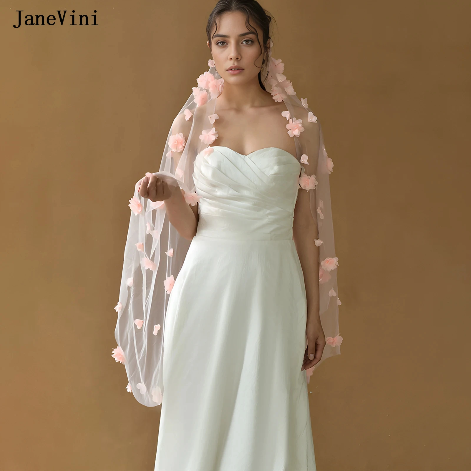 JaneVini New Charming Peach Pink Bridal Veils with Comb Handmade 3D Flowers Pearls 1 Tier Soft Tulle Wedding Veil Brautschleier