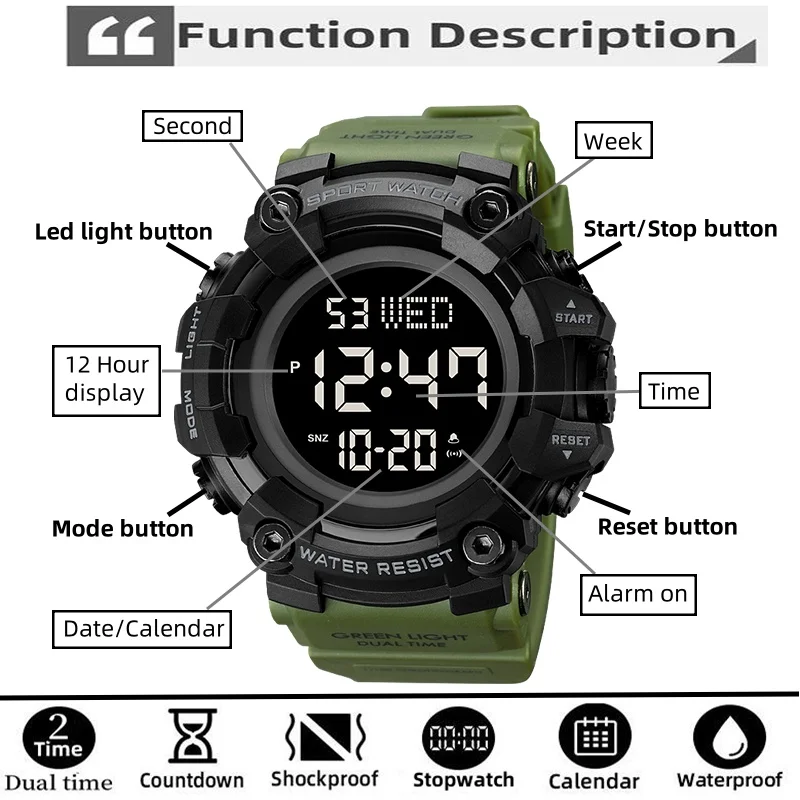 Skmei Men\'s Military Watches Fashion Big Dial Digital Wristwatch Luxury Outdoor Sports Dual Time Led Waterproof Alarm Clock