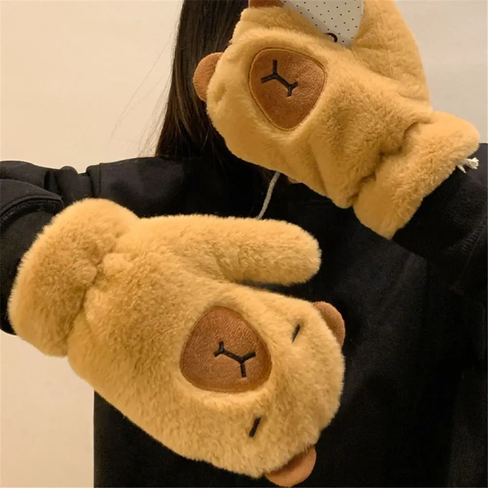 Cute Capybara Plush Gloves Winter Warm Cold-Proof Stuffed Animal Neck Scarf Fleece-Lined Cycling Neck Warmers & Mittens