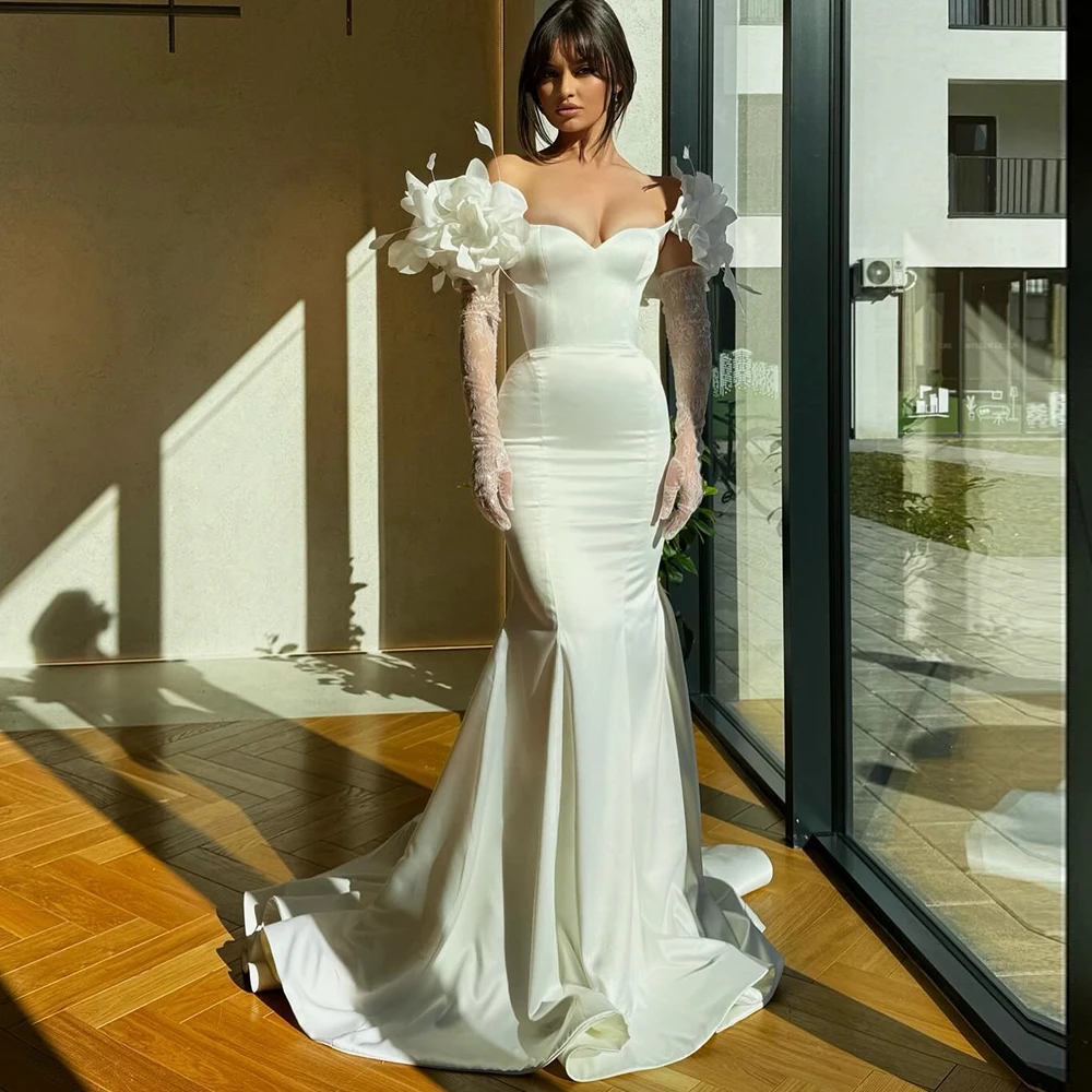 

Luxury Hall Wedding Dresses Satin Mermaid/Trumpet Wedding Party Dress White Off-the-shoulder 3 D flowers Applique Weeding Dress