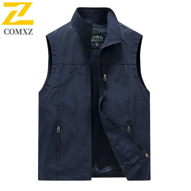 COMXZ الرجال التكتيكية في الهواء الطلق فائدة سترة متعددة جيب عمال أكمام معطف تنفس شبكة التخييم الصيد التصوير سترة #4