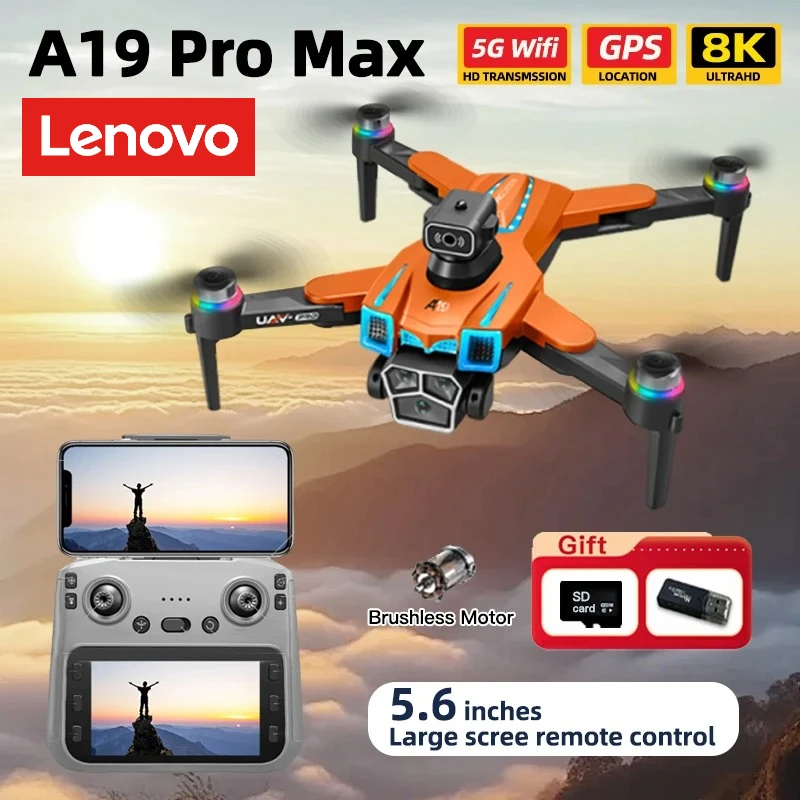 Drones Lenovo A19 Pro 5G WIFI Professionnels avec Caméra 8K 360° ° Drone Quadricoptère RC avec Moteur Brushless, Localisation par Flux Optique et GPS