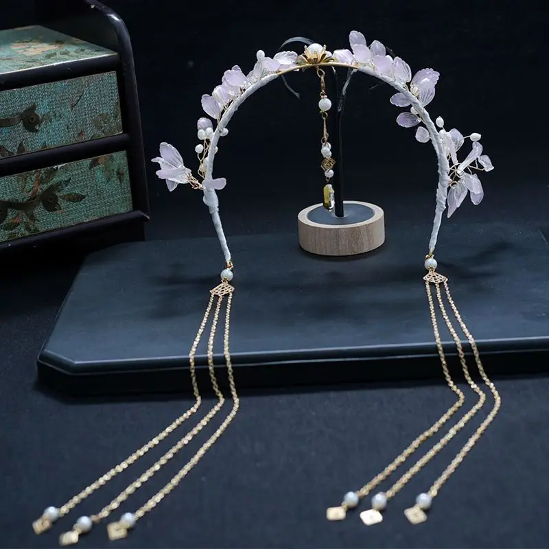 Lange Quaste Haar bänder Fee chinesische Hanfu Haarschmuck Blume Perle Haar Reifen Stirnbänder Vintage Hochzeit Braut Haarschmuck