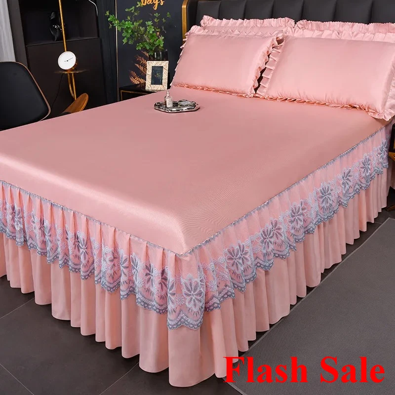 

New version of ice silk cool bed skirt solid color sleeping naked summer mat three-piece protective machine wash bedspread