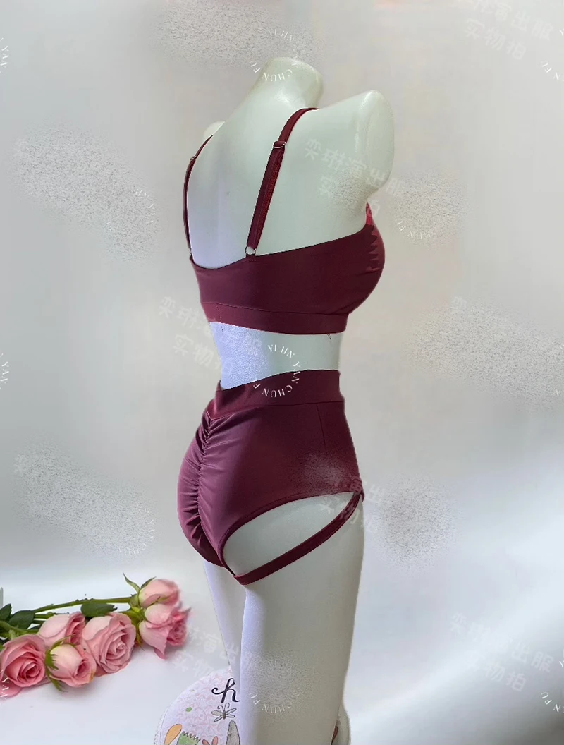 New Style High Waist Pole Dance Clothing For Women Sexy Red Bikini Sets Modern Tight Training Clothes Performance Wear DQS13516