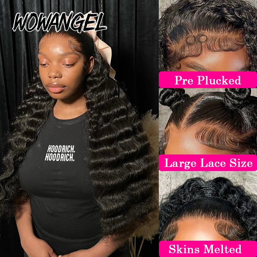 Wow Angel 34in Human Hair Lace Frontal Wigs 13x6 HD Lace Deep Wave Remy Hair Wigs Large Lace Size Skins Melted Brazilian Hair