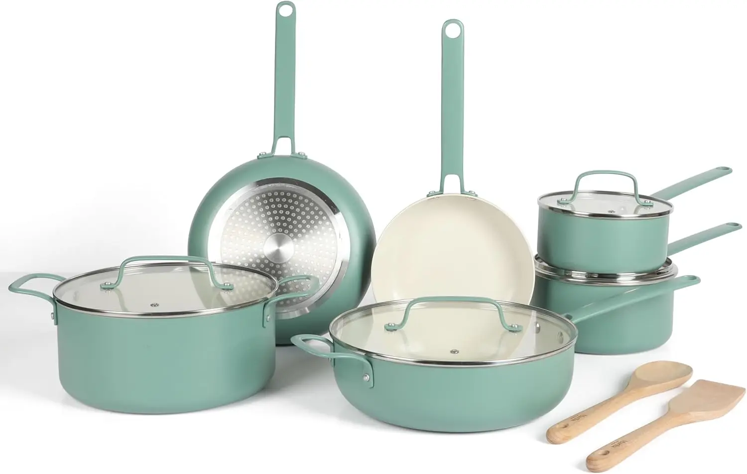 

Premium Nonstick PFA Free Ceramic Interior 12 Piece Heavy Gauge Enamel Aluminum Pots and Pans Cookware Set - Teal