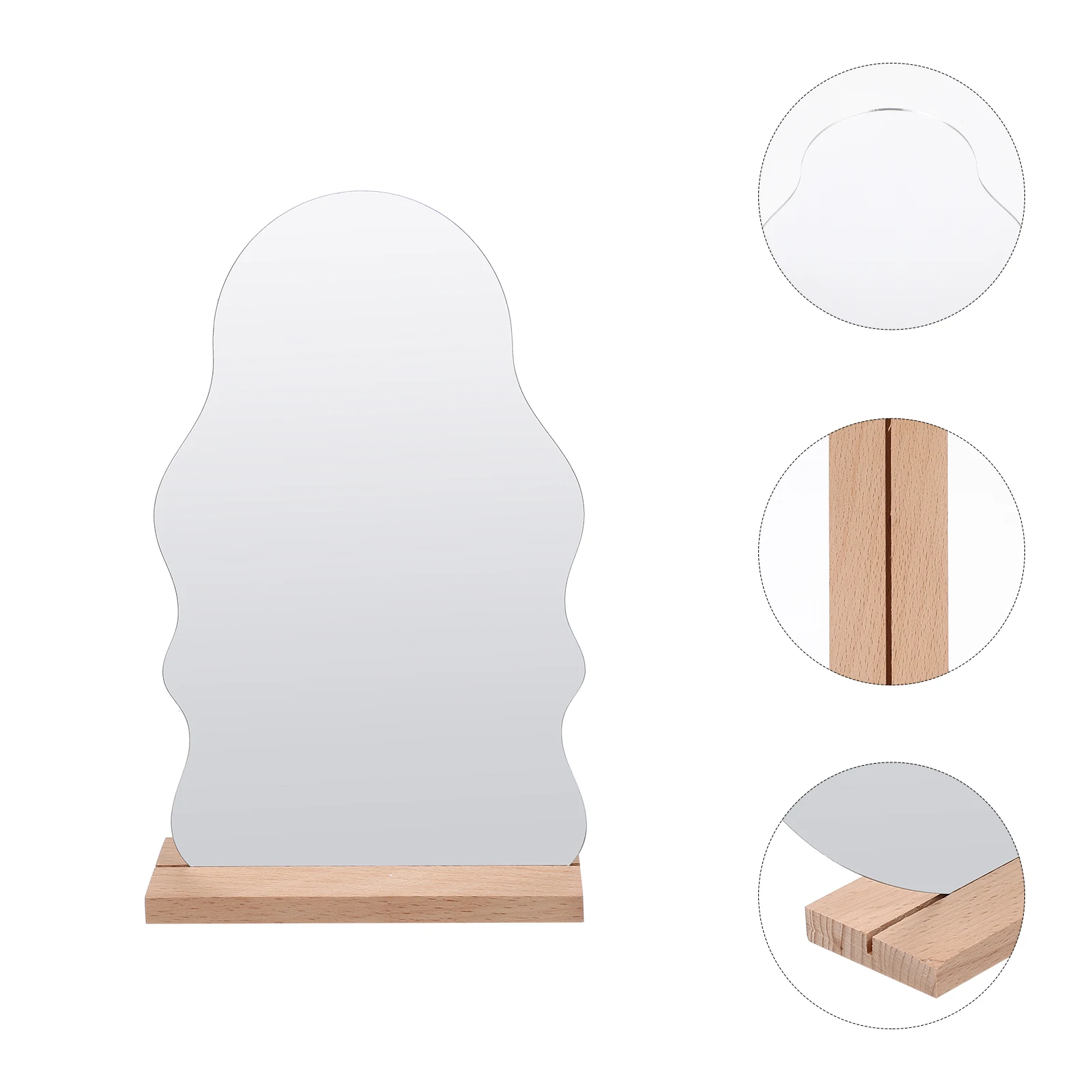 Espelho de vaidade de mesa de maquiagem acrílica portátil pequeno irregular elegante espelho de maquiagem forma base de madeira quarto uso de escritório