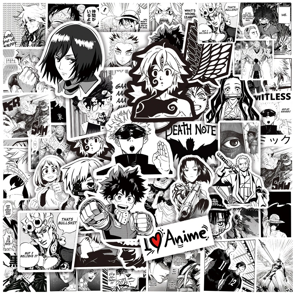 10/30/50 Uds. Pegatinas de Anime mezcladas en blanco y negro, calcomanías de grafiti de Manga japonés geniales, pegatinas para maleta para teléfono portátil DIY, calcomanías para coche, juguete para niños