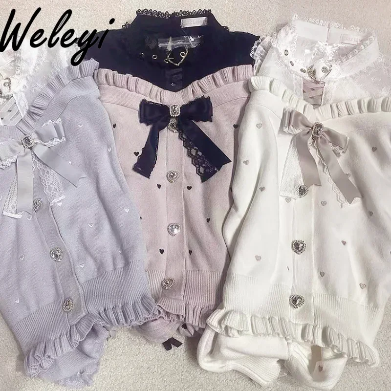 

Japanese Mine Cute Bowknot Sweaters Sweet Mass Produced High Quality Popular Embroidery Love Lace Strap Off Shoulder Knitwear