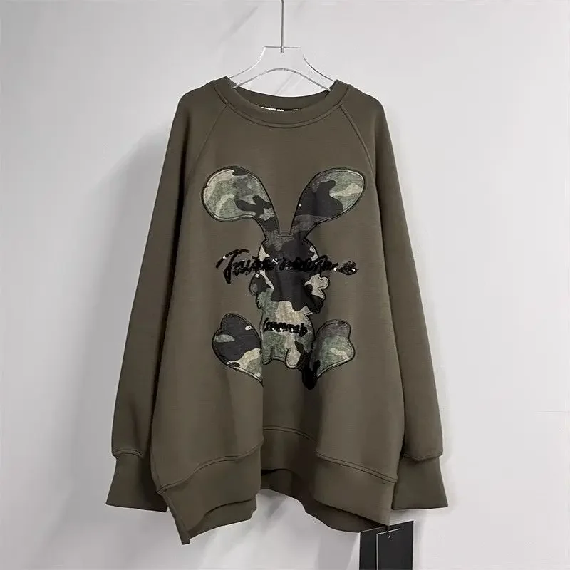 100% Cotton Pullovers Women Fashion Embroidery Cartoon Letter Rabbit Pullover Casual Loose Oversized Tops Autumn Winter Trend