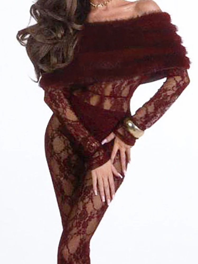 

Женский повседневный облегающий боди с длинными рукавами, сексуальный меховой лоскутный комбинезон с открытыми плечами, элегантный однотонный комбинезон с кружевной вышивкой