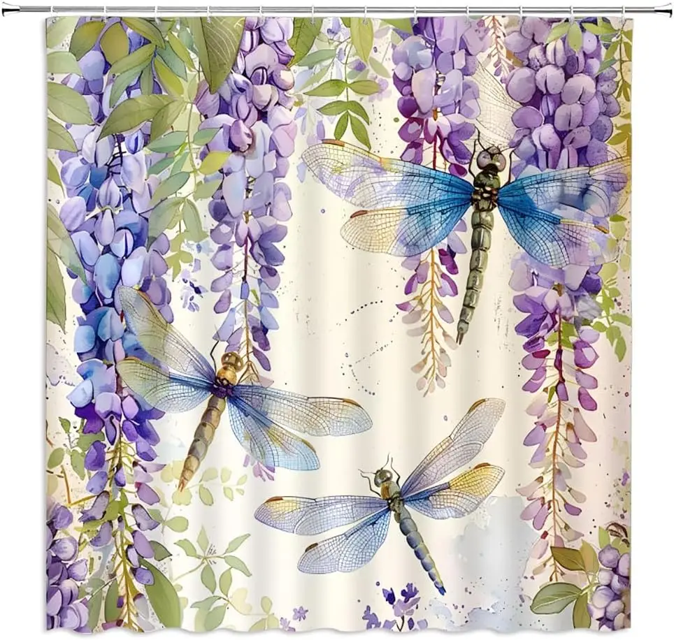Purple Dragonfly Floral Shower Curtain Lavender Watercolor Weeping Wisteria Blossom Vine Violet Spring Flower Leaves Women Girl