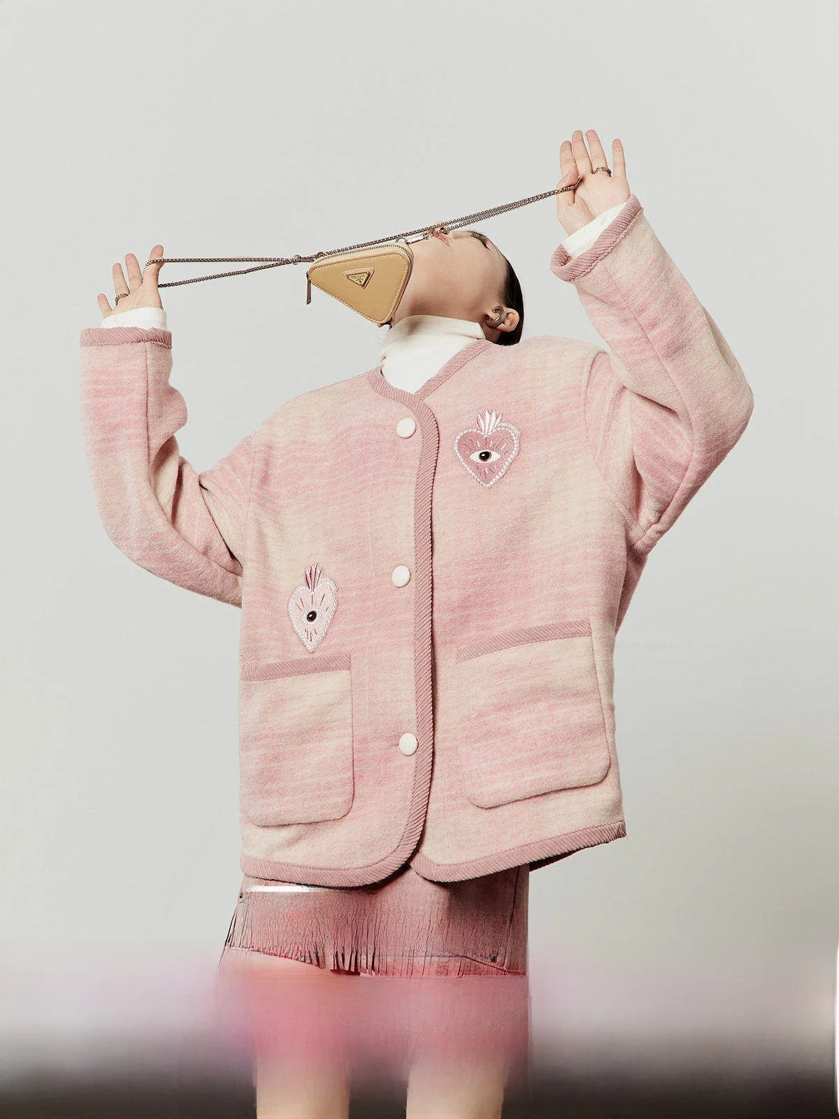 

Pink Embroidered adient Woolen Jaet Women's New Sle Spring Autumn Seasonal Faionable Outerwear by Zhou Li Wu