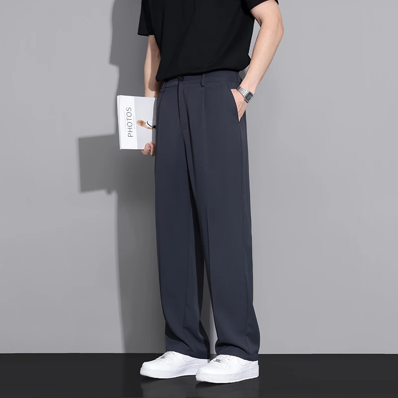 Pantalon de costume beige pour hommes, coupe ample, mode sociale, jambes larges, pantalon droit déco