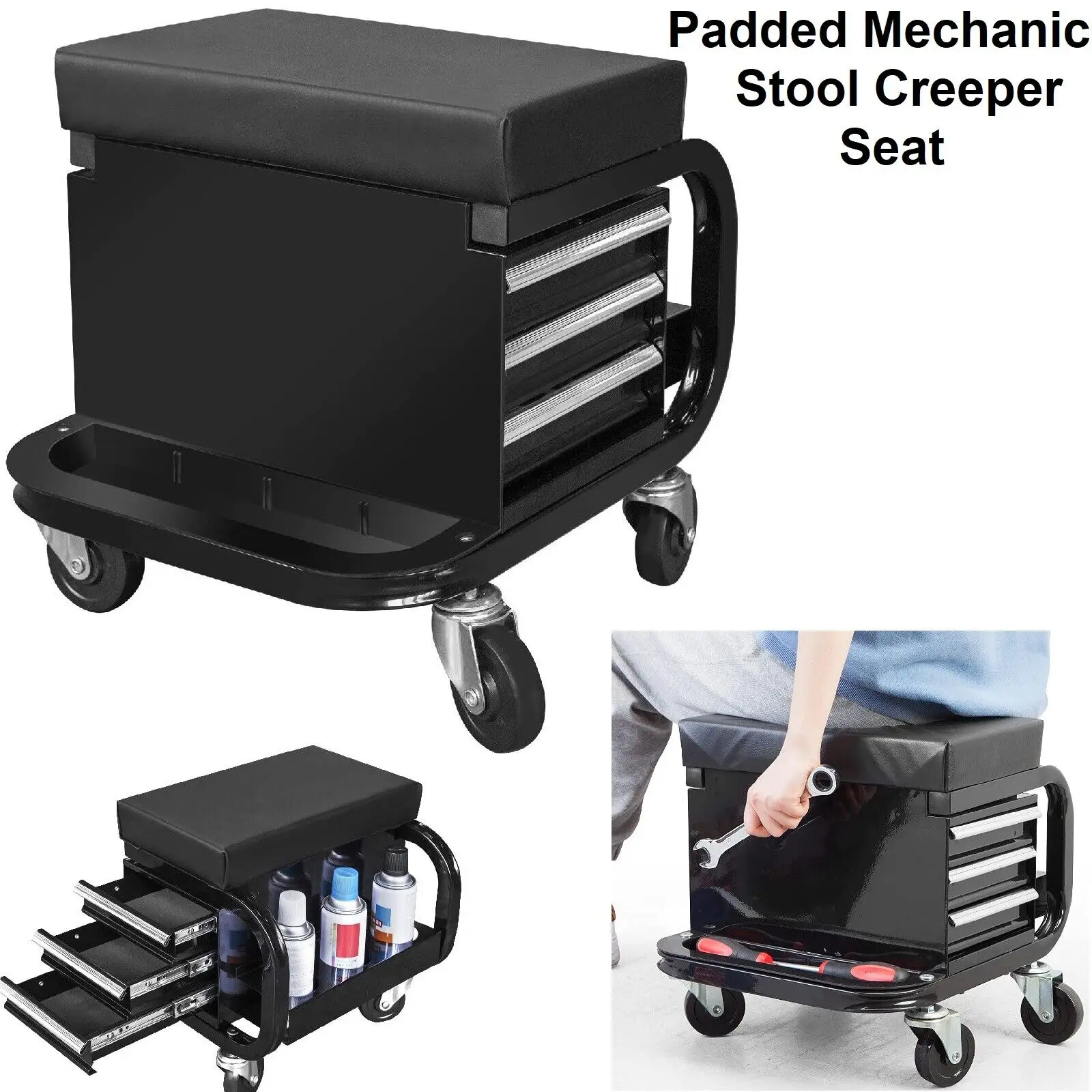 HPDMC acolchoado Mecânico Stool Tool Box com 3 gavetas e Rodas, Assento Creeper Preto, Garagem e Oficina