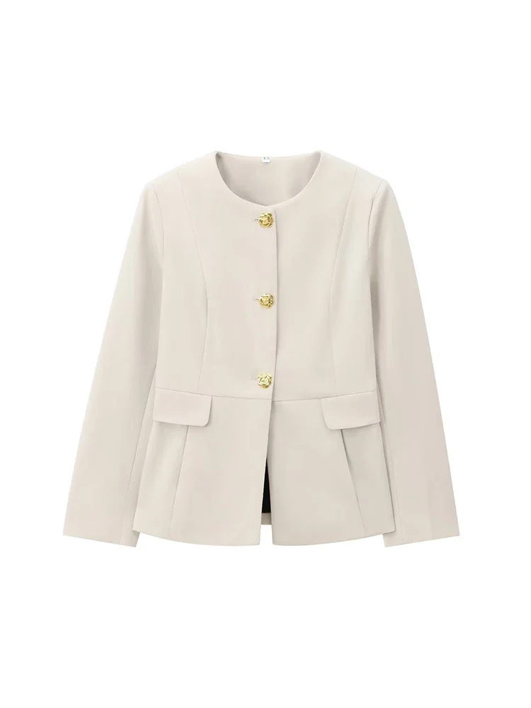 

Willshela Women Fashion With Pockets Beige Single Breasted Blazer Coats Vintage O-Neck Long Sleeves Female Chic Lady Outfits