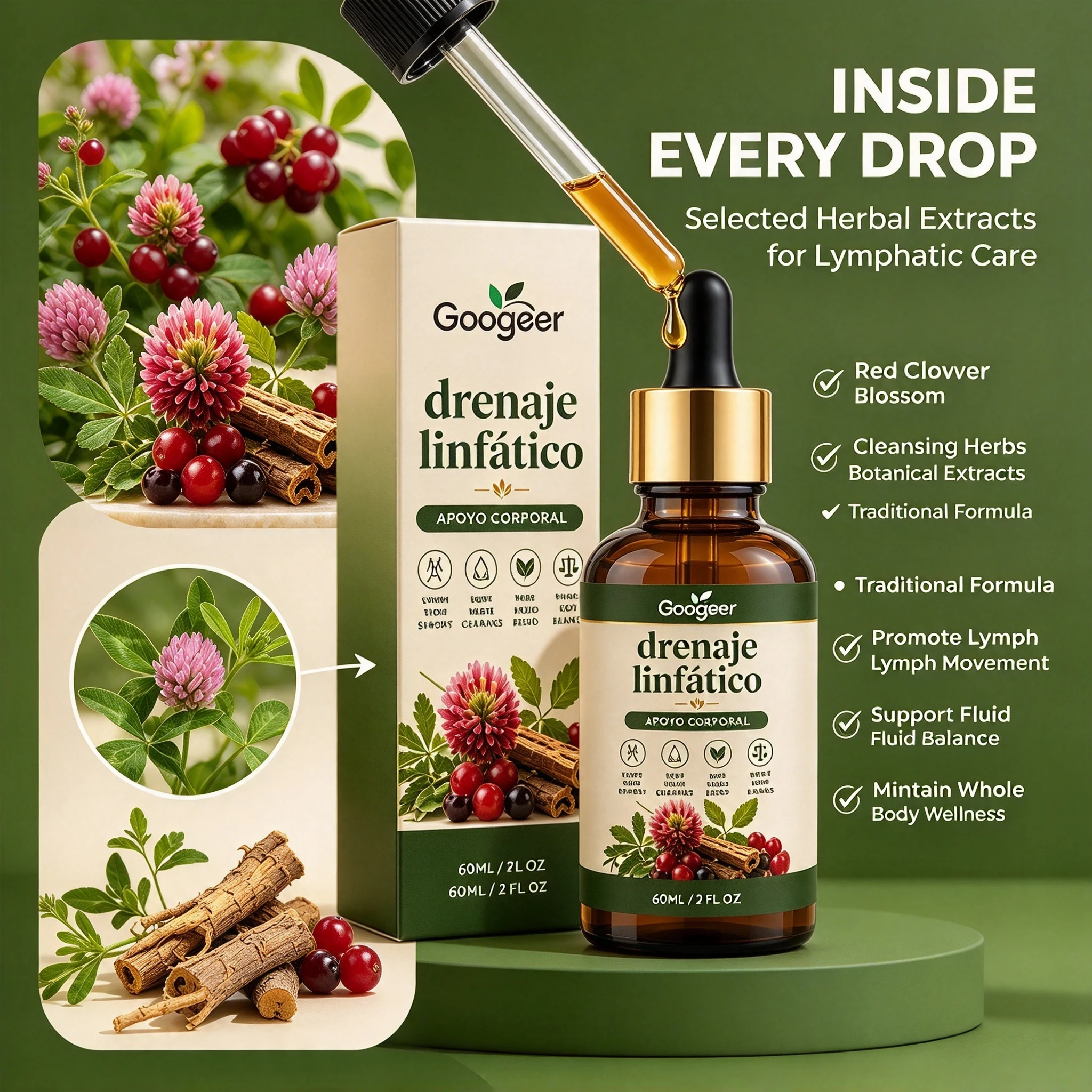 60ml Googeer Lymph Support Herbal Drops, Lymphatic Drainage Liquid Supplement, Promote Lymph Circulation & Whole Body Balance
