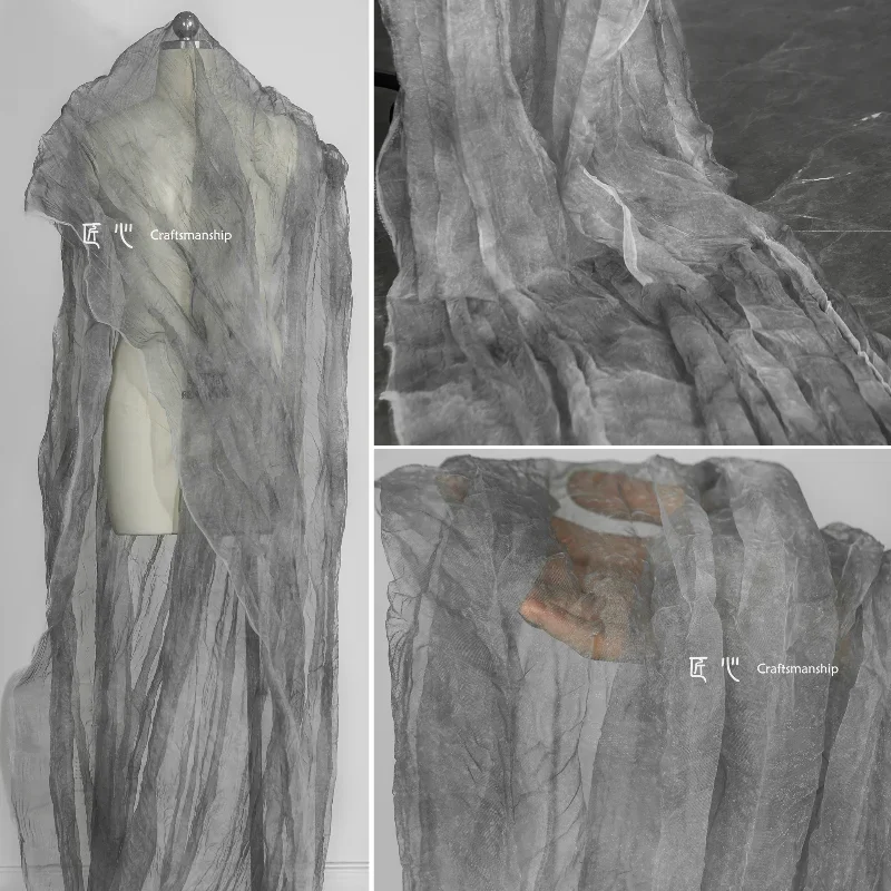 Grey Pleated Fabric Tie Dyed Organza Wedding Dress Designer Wholesale Cloth for Pure Polyester Material Apparel Sewing Fabric