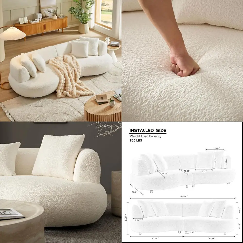 Sofá seccional curvo contemporáneo de 4 plazas con tela y almohadas Boucle, muebles de salón con patas de madera