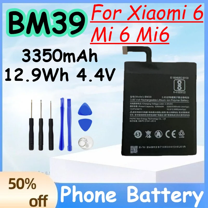 

BM39 3350mAh 12.9Wh 4.4V Battery for Xiaomi 6 Mi 6 Mi6 High Quality Replace Mobile Phone Battery+ Free Tools
