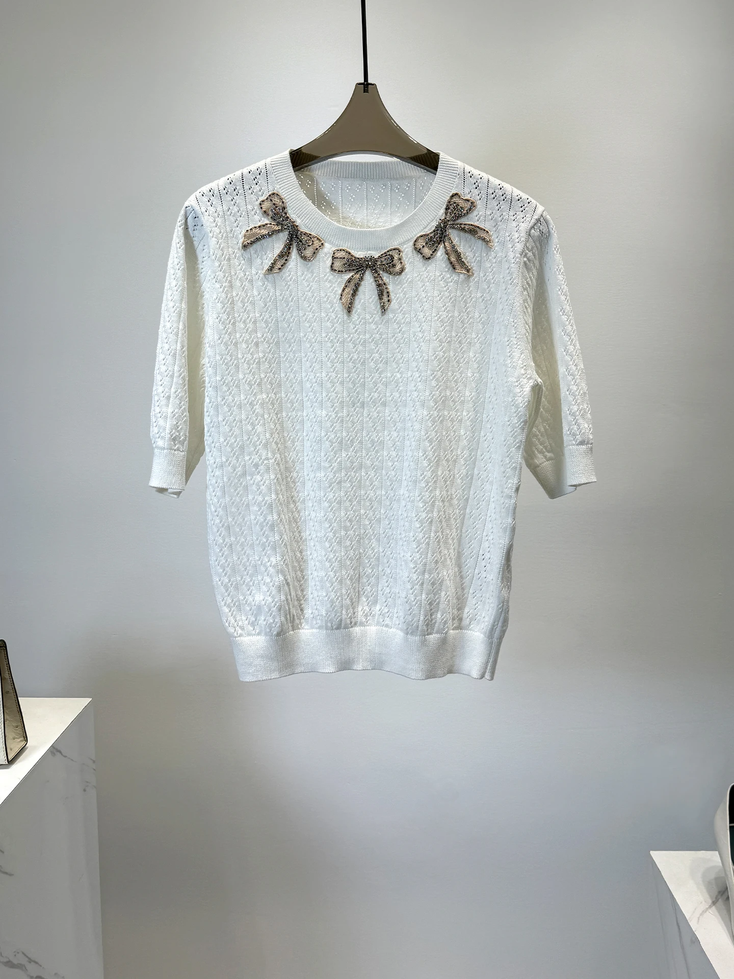 

Sweet Sle Cotton 00% Knitted Top Women's Small Fraance Sle Knot Hollow out Embroidery T-irt Summer Regular...