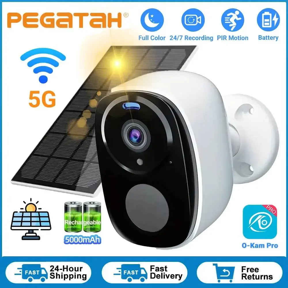 

2K 5MP Solar Security Camera Wireless Outdoor Color Night Vision Battery Powered Support 5G WiFi, PIR, Waterproof, Two-Way Alexa