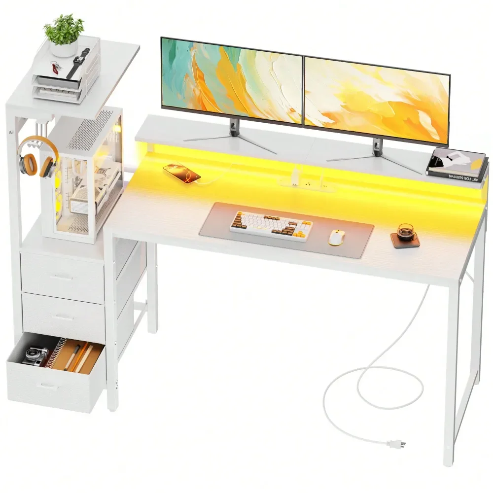 

computer desk table office deskGaming Desk With Monitor Stand Dresser, LED Lights, BuiltIn Power Outlets USB Charging, Home Offi