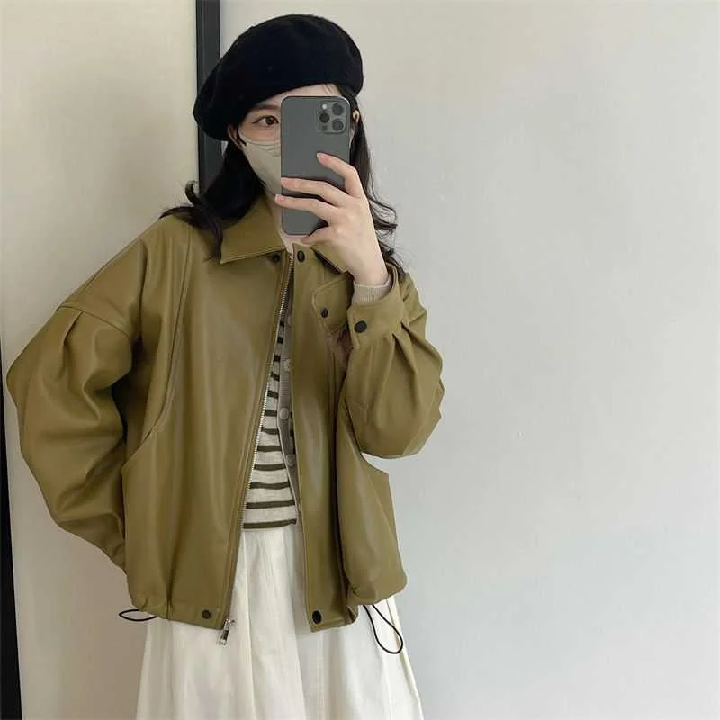 Womens Retro Lapel PU Leather Jacket Spring Autumn Solid Zipper Outwear Trendy Bottom Drawstring Motorcycle Coat Lady Casual Top