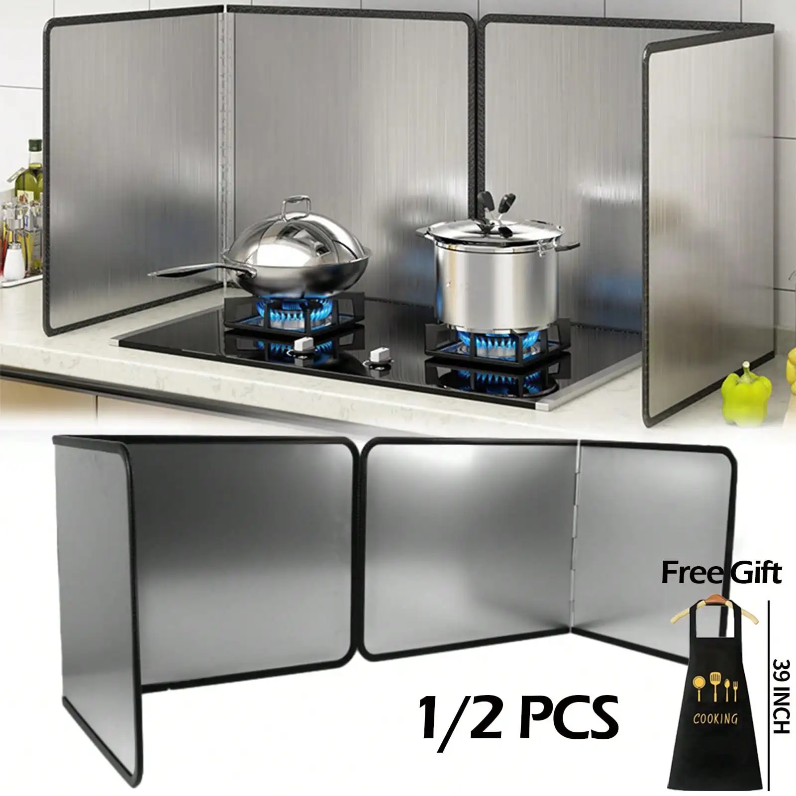 1/2 PCS Stainless Steel Greaseproof Splash Guard, Comes With Apron,Space-Saving Foldable Design For Stove Top, Induction, Oven - Easy To Clean Kitchen Splash Guards For Modern Kitchens, Cooking Protection, Sleek Finish, Durable Construction