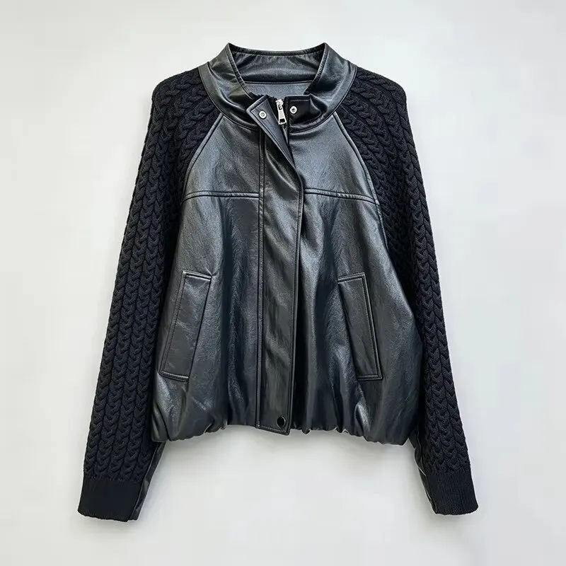2026 Autumn Winter High Street Style Knit Patchwork Stand Up Collar PU Leather Jackets for Women Loose Zippered Baseball Coats