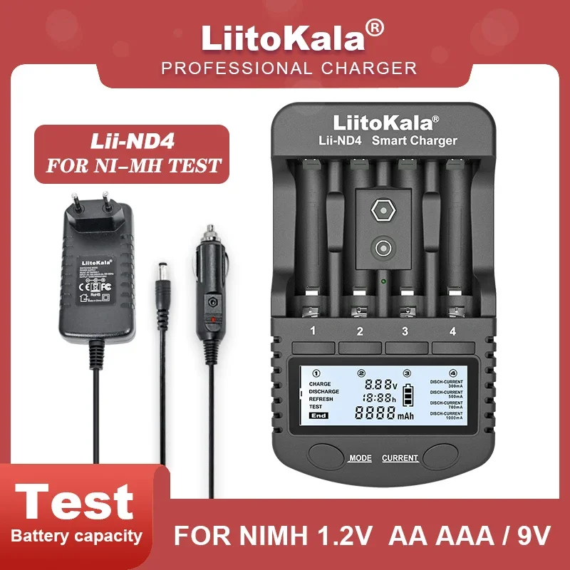 LiitoKala Lii-ND4 NiMH/Cd 1.2V AA AAA Recharge Bateery Charger LCD Display and Test Battery Capacity 9V Batteries.