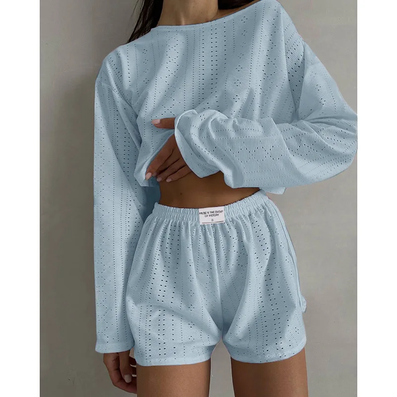 Women's Pajamas Set Spring Long Sleeve Tops With Shorts Sleepwear 2 Piece Set Loose Round Neck Home Wear Loungewear Pyjama Femme