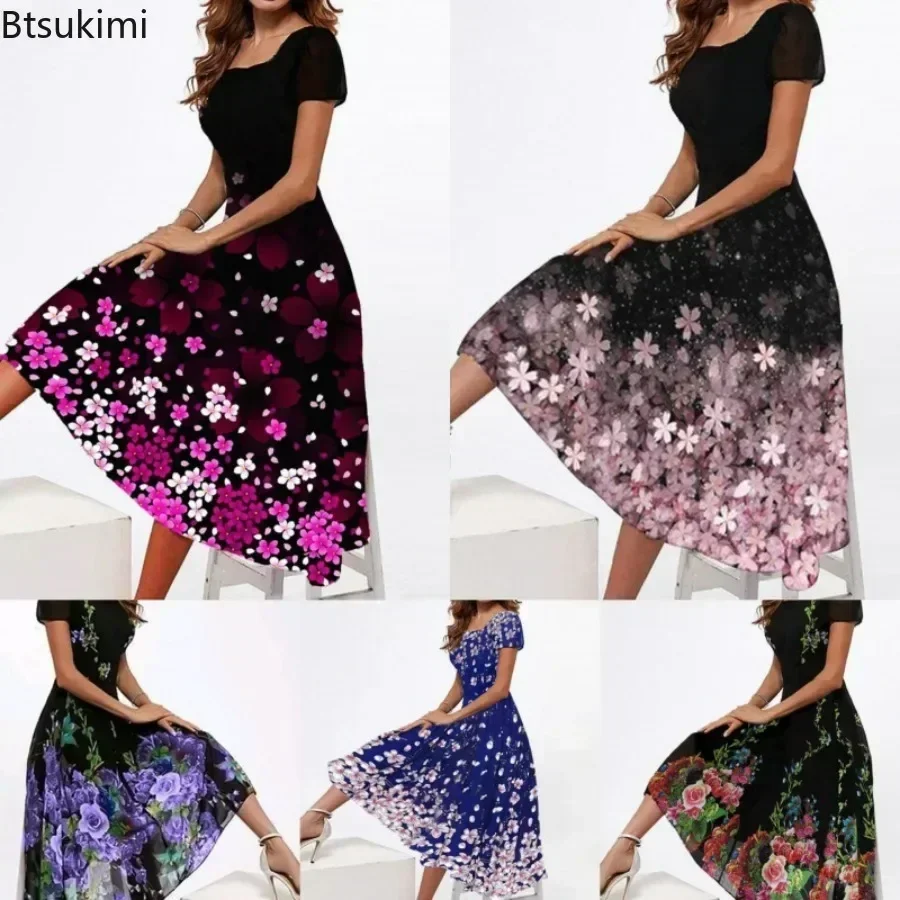 2026 Women\'s Summer Casual Dress Floral Print Square Neck Ladies\' Evening Party Dress Vintage Long Dress Female A-Line Vestidos