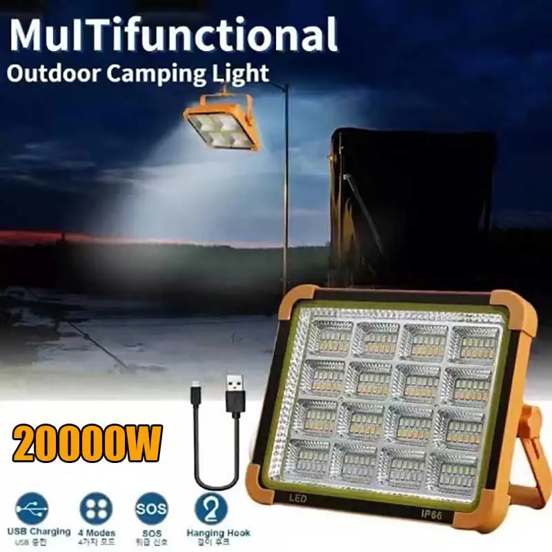 20000MahLED Solar Floodlight Rechargeable 2000/500W Emergency Lighting Outdoor Camping Portable Light Waterproof Searchlight Hot