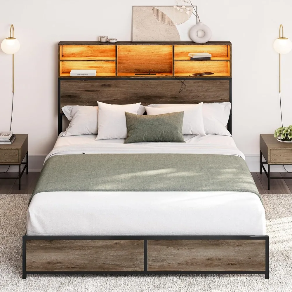 Queen Size Bed Frame with Storage Headboard, Sturdy Metal Platform Bed Frame with RGB LED Light and Ultra-Fast Charging Station