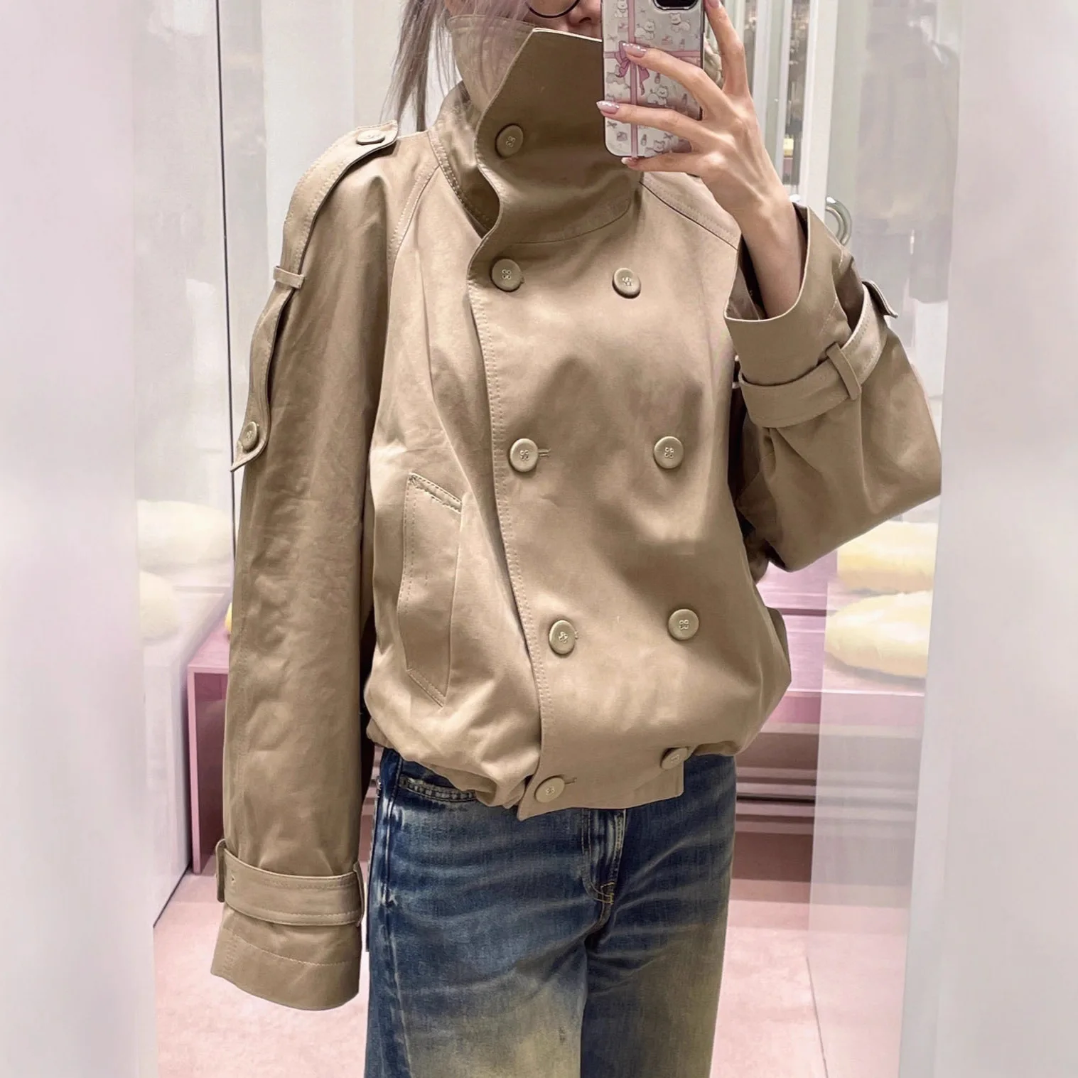 

Women's khaki double-breasted trench coat long sleeves fashion design women's autumn and winter warm clothes short jacket