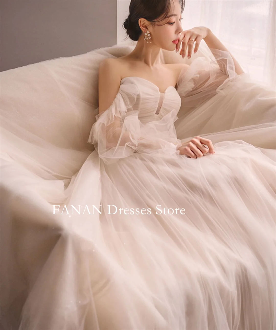 

FANAN Korea Sweetheart Wedding Dresses 웨딩드레스 Puff Sleeves A-Line Lace-up Tulle Mordern Style Custom Made Bride Gowns Plus Size