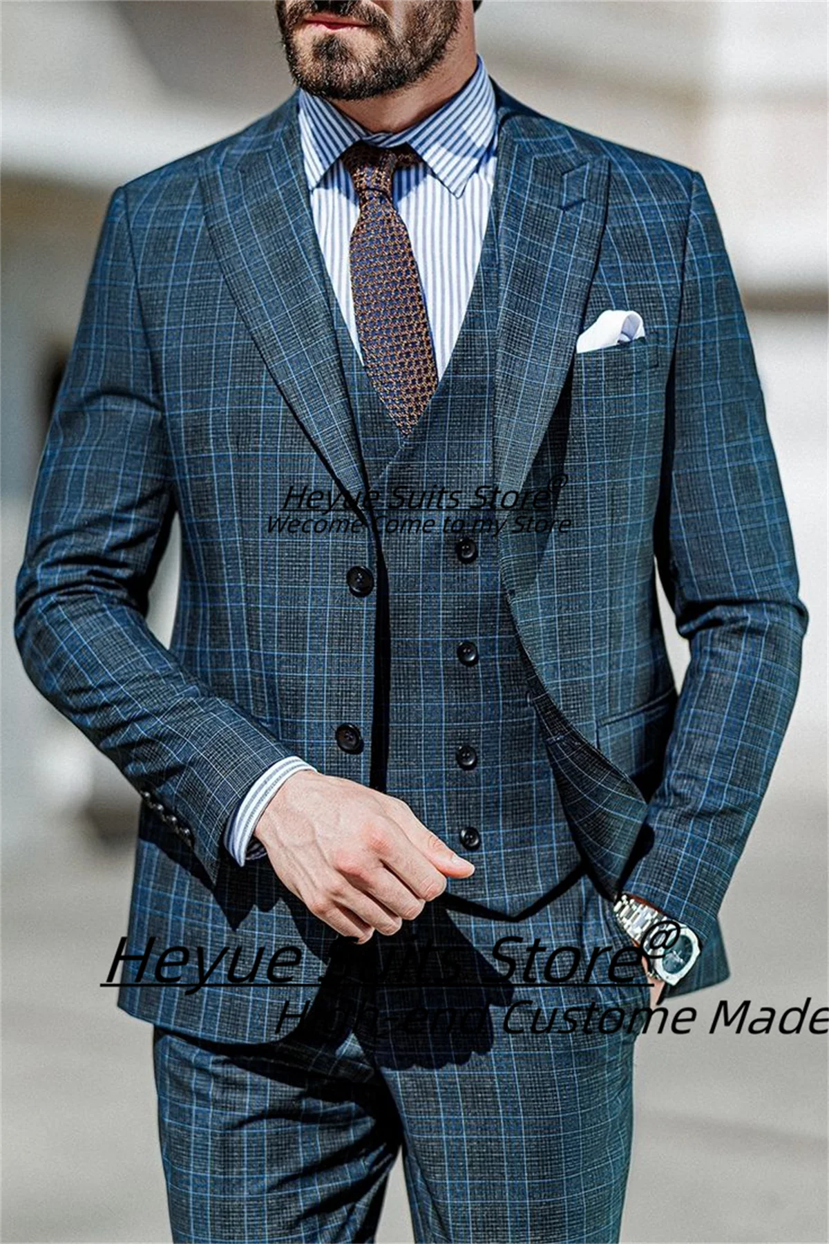 

Customized Italian style Plaid Men Suits Customized Slim Fit Peak Lapel Groom Wedding Tuxedos 3 Pieces Sets Male Prom Blazers