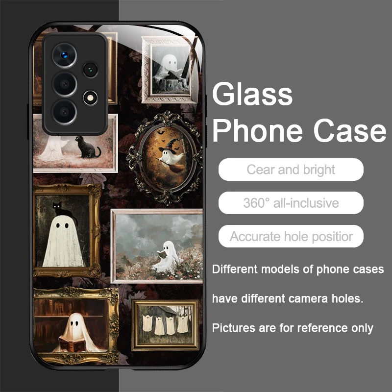 愛らしい小さな幽霊のデザインのクリエイティブな強化ガラス製スマホケース、Samsung Galaxy S25 Ultra、S24、S23 Plus、S22、S21、S20 FE、M55対応ハードカバー