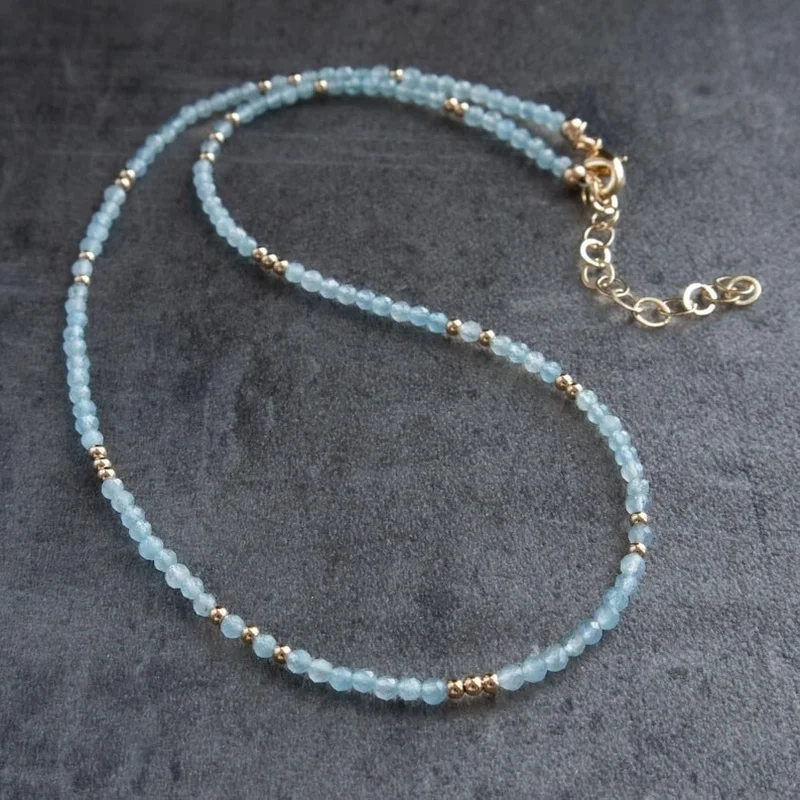 Beautiful Blue Aquamarine Faceted Round Gemstone Bead Handmade Necklace 18" Gift