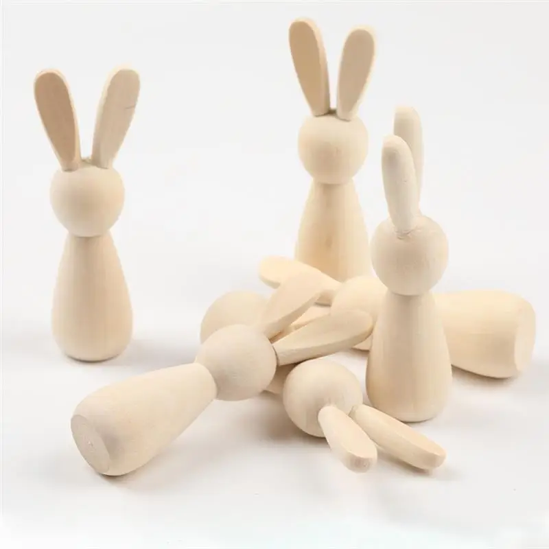 6Pcs Easter Bunny Ornaments DIY Wooden Bunny Dolls Unpainted Natural Wooden Small Crafting Crafts Unfinished Wood Dolls