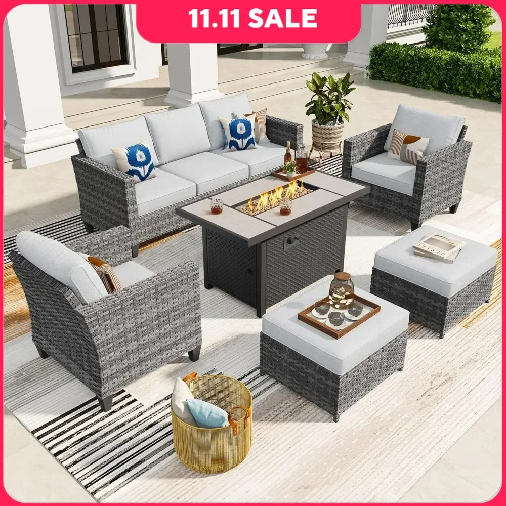 6 Pcs Patio Furniture Set with Fire Pit Table, Outdoor Wicker 3-Seat Sofa with Comfy Cushion, High Back Rattan Conversation Set