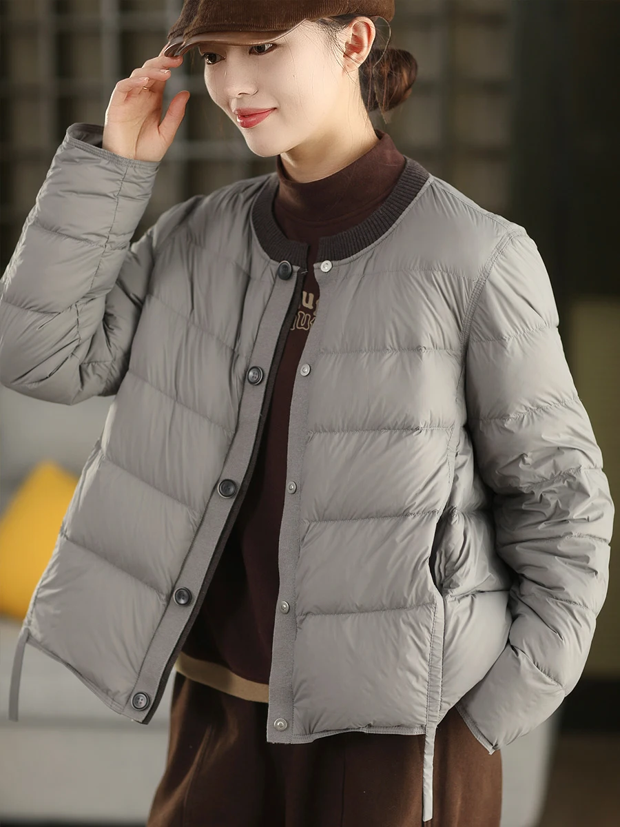 

Vintage Splicing Ribbed White Du down Jaet Women's Faion Fluffy Warmth Thermalized Padded Coat Long Sve Regular Length