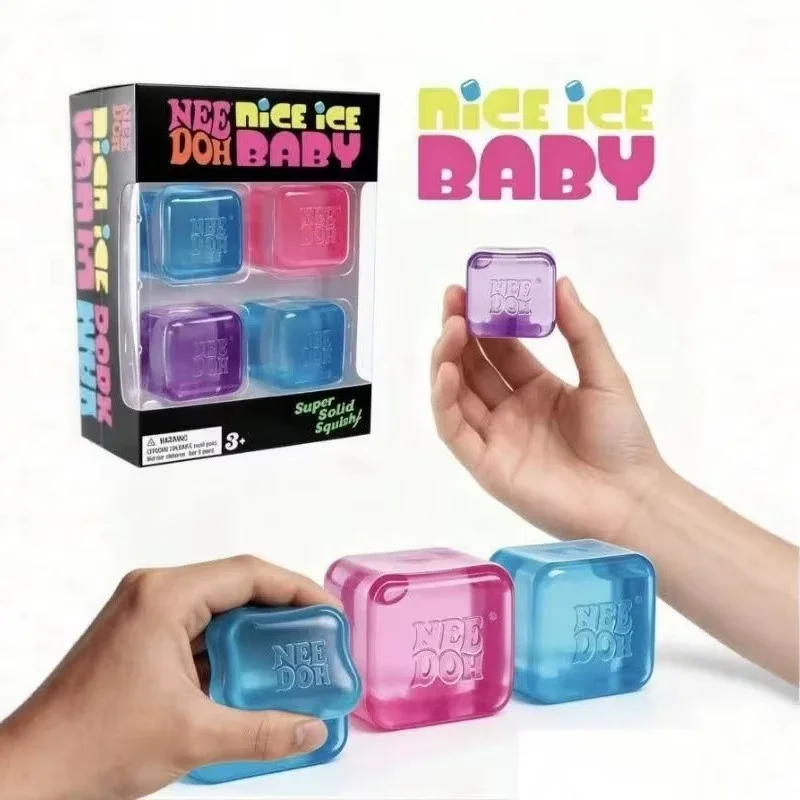 NeeDoh Nice Ice Baby 4Pcs Transparent Cube Squishy Fidget Toy Super Solid Squish Soft Squeezy Stress Relief Sensory