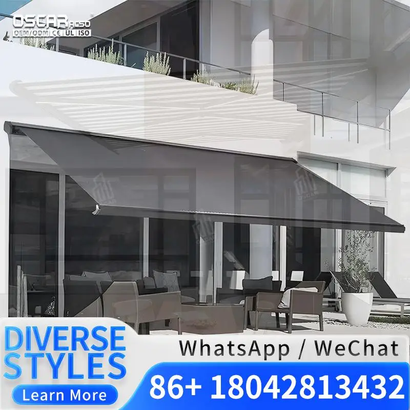 Commercial Wholesale LED Light Motorized PVC Retractable Folding Arm Awning White Frame For Patio Remote Control in Outdoor Spac